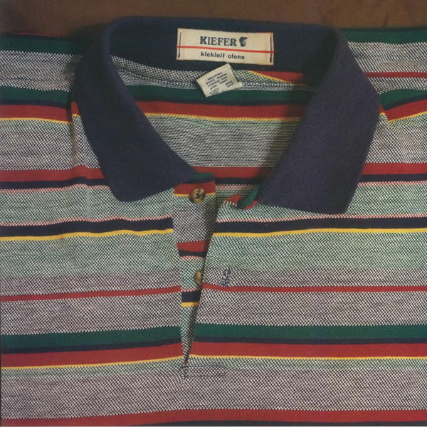 Kiefer striped polo shirt with navy collar and multicolor horizontal stripes, labeled kickinit alone