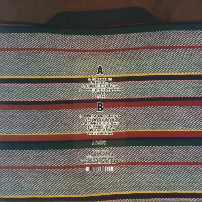 Back cover of a music album listing tracks on sides A and B over a colorful striped woven fabric background