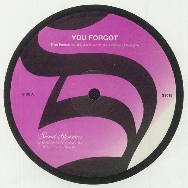 Purple and black vinyl record label for 'You Forgot' by Theo Parrish featuring Jerrald James and Genevieve Marantette