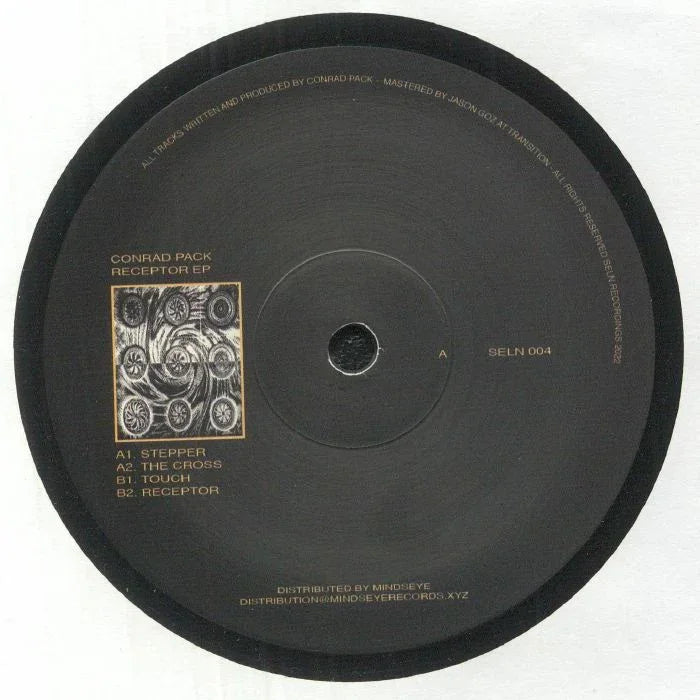 Conrad Pack Receptor EP vinyl record with abstract artwork and tracklist printed on label.