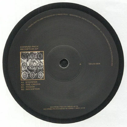 Conrad Pack Receptor EP vinyl record with abstract artwork and tracklist printed on label.