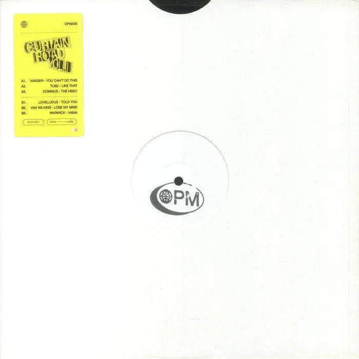 Curtain Road Volume 1 vinyl record in plain white sleeve with yellow tracklist sticker.