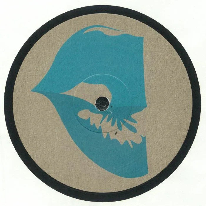Vinyl record with abstract blue and beige graphic design on center label