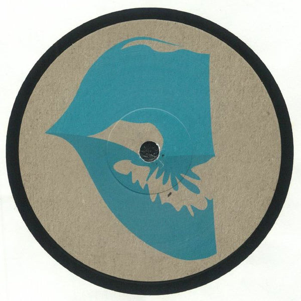 Abstract blue geometric shapes on brown circular background with a black border on vinyl record label