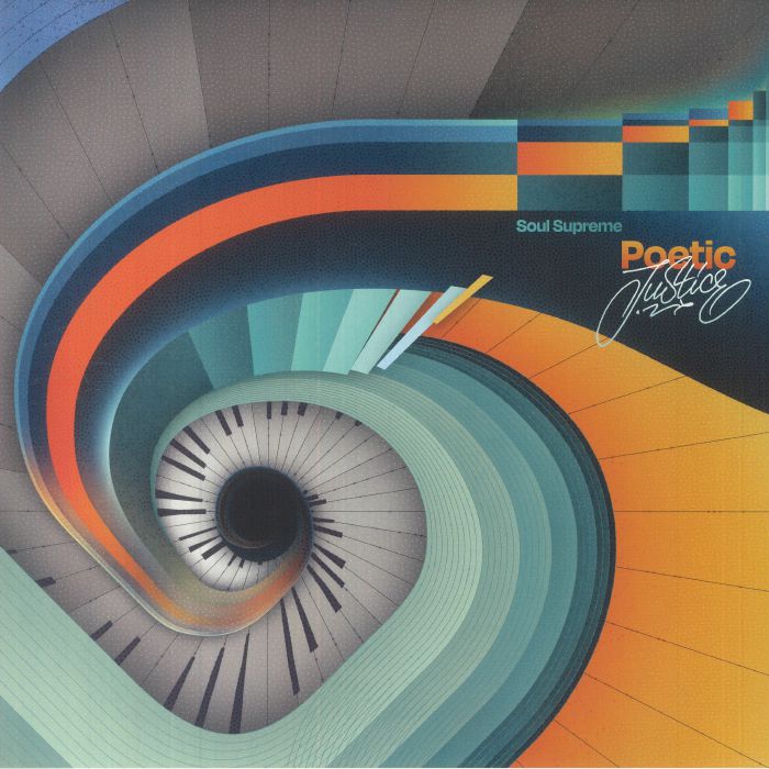 Abstract spiral design resembling piano keys with teal, orange, and gray tones and text 'Soul Supreme Poetic Justice'