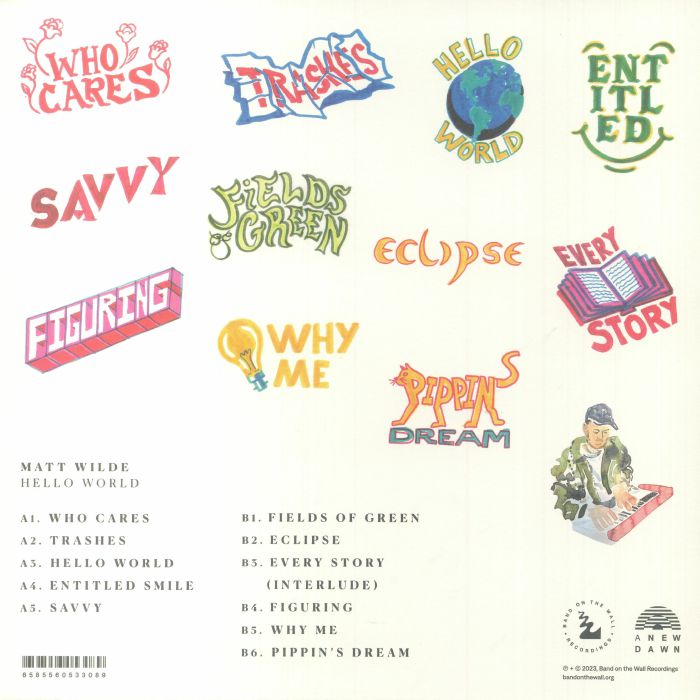 Matt Wilde album cover with colorful hand-drawn song titles and illustration of man playing keyboard