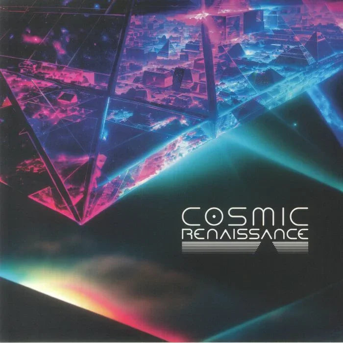 Cosmic Renaissance vinyl album cover with futuristic pyramid city and neon lights