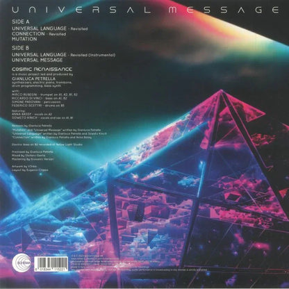 Futuristic album cover featuring neon-lit pyramids and cosmic scenery with tracklist text.