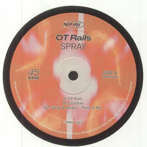 Spray OT Rails vinyl record label with track listing and orange abstract background
