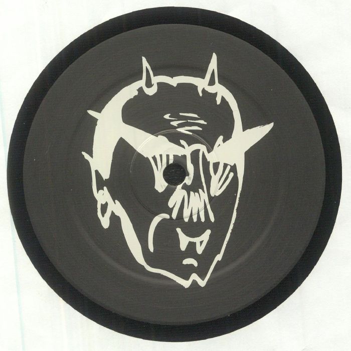 Black vinyl record with white abstract devil head illustration featuring horns and fangs