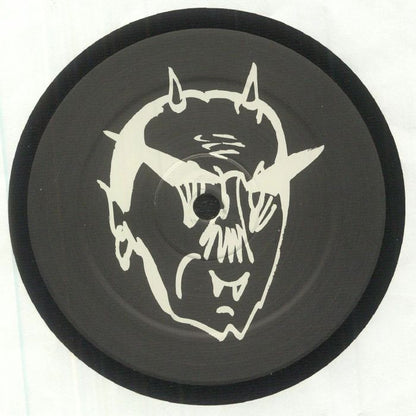 Black vinyl record with white abstract devil head illustration featuring horns and fangs