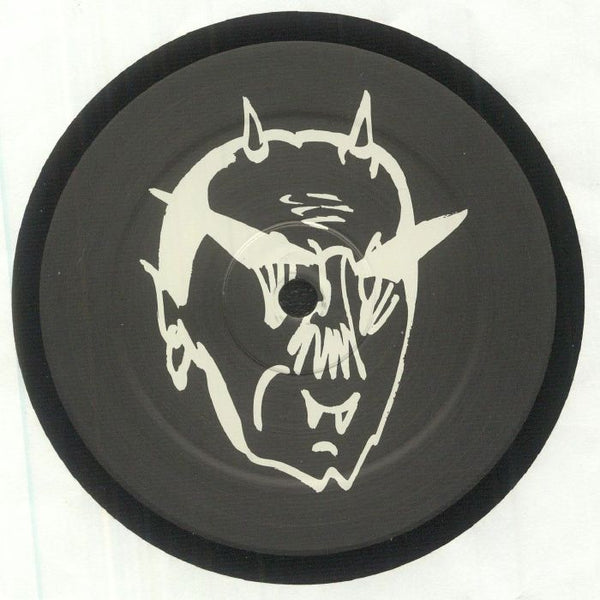 Black vinyl record with white abstract devil head illustration featuring horns and fangs