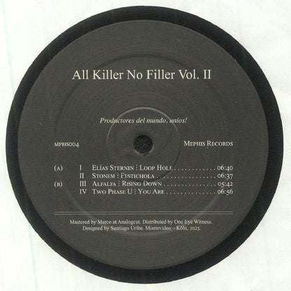 Vinyl record label of All Killer No Filler Vol. II featuring electronic music tracks by various artists