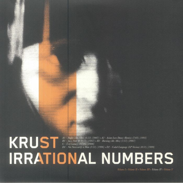 Krust Irrational Numbers album cover with half face in orange and white tones on black background