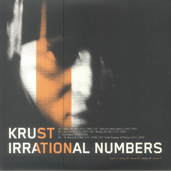 Krust Irrational Numbers album cover with half face in orange and white tones on black background