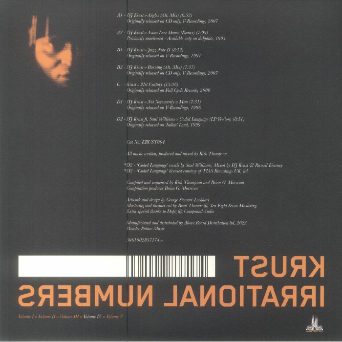 DJ Krust Irrational Numbers album back cover with tracklist, dark background, and orange text