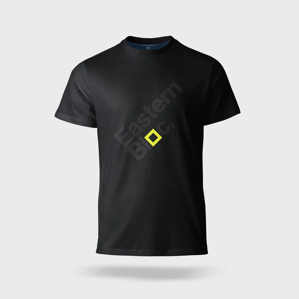 Black t-shirt with a yellow logo on a gray background