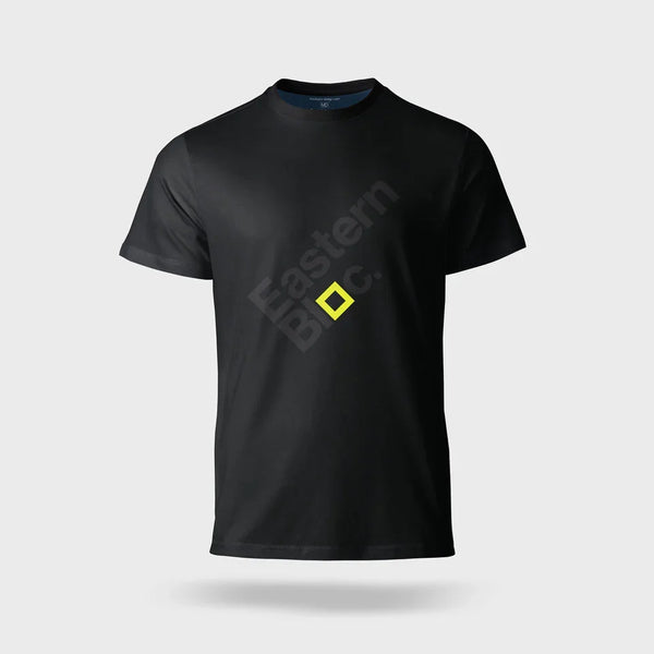 Black t-shirt with a yellow logo on a gray background