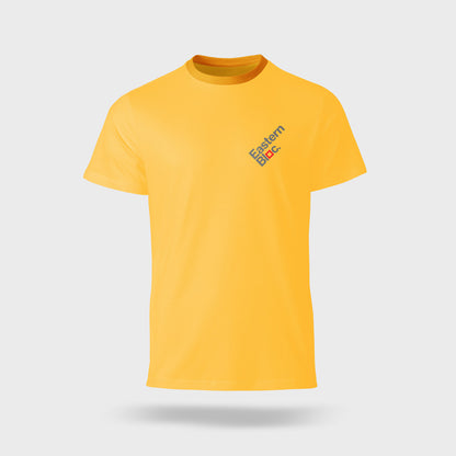 Yellow t-shirt with a logo on a light gray background