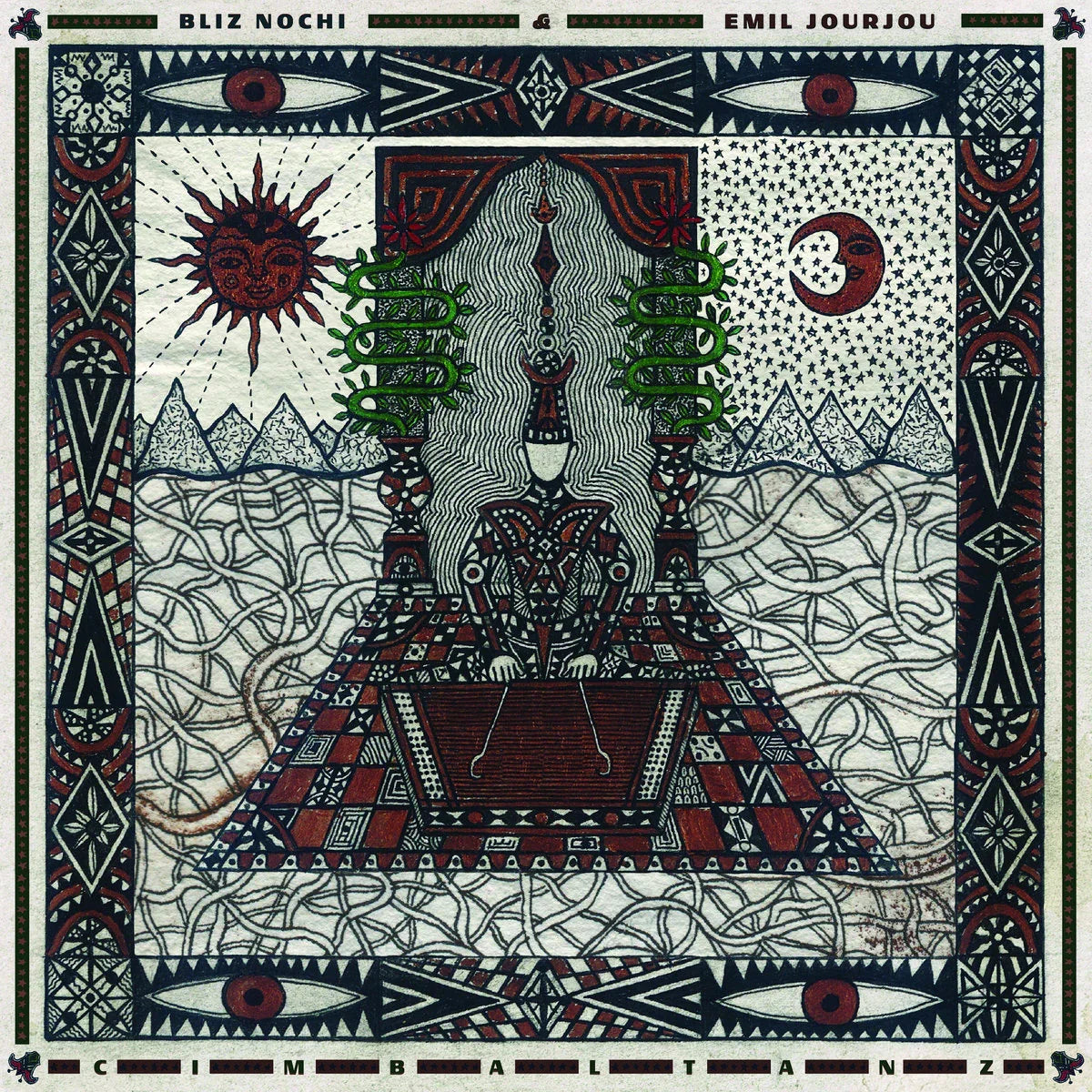 Surreal album cover with abstract figure, geometric patterns, sun and moon, and green snakes