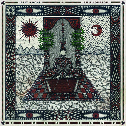 Surreal album cover with abstract figure, geometric patterns, sun and moon, and green snakes