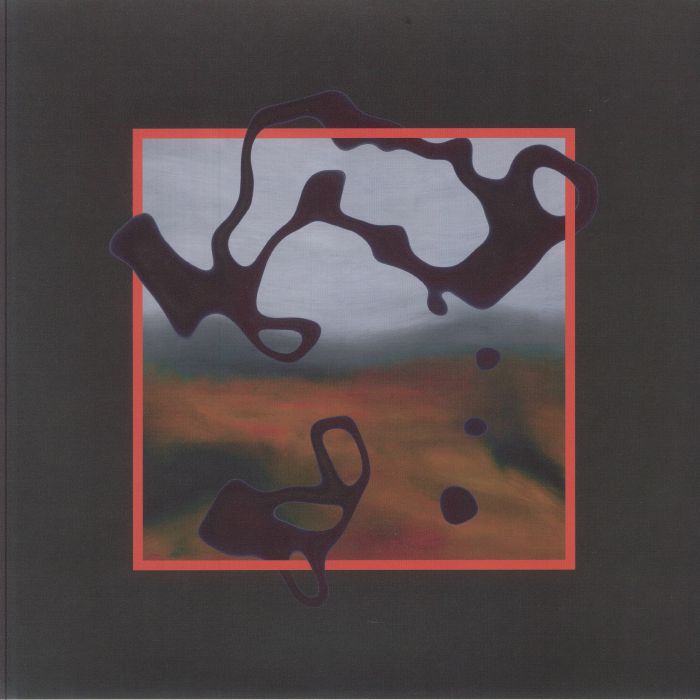 Abstract art with a red-bordered square containing dark, organic shapes over a blurred landscape background