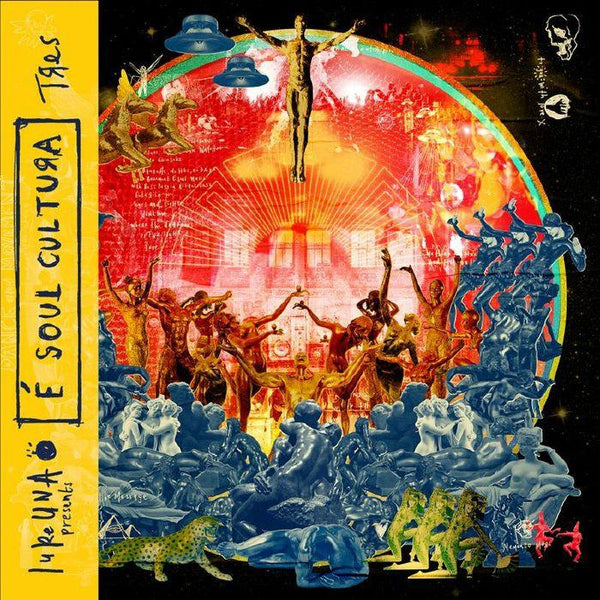 Vibrant collage with gold and blue dancing figures, leopards, abstract shapes, and 'É Soul Cultura' text
