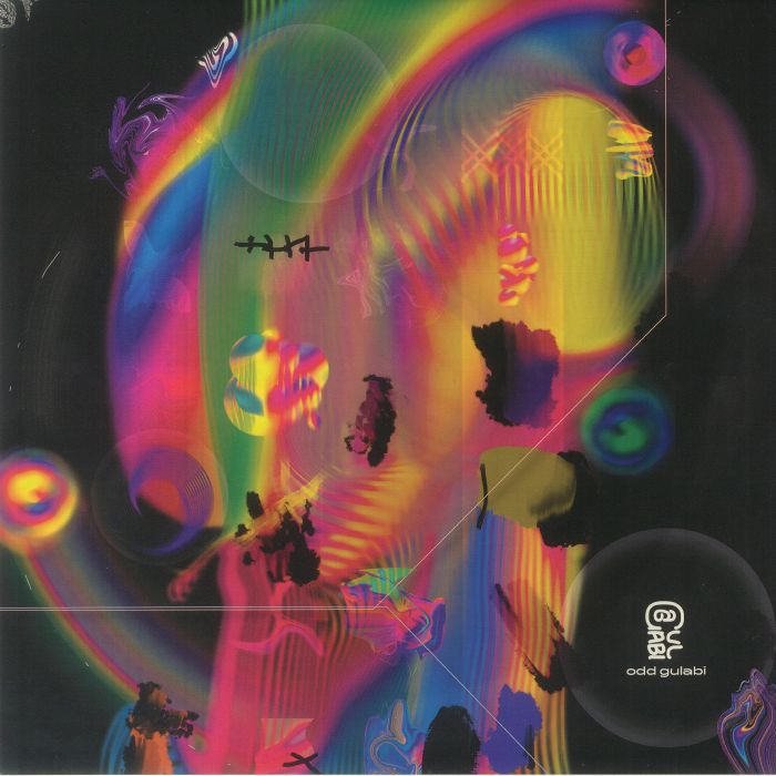 Abstract vibrant digital art with neon rainbow waves, black splotches, and geometric shapes on dark background