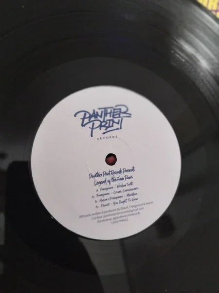 Black vinyl record with Panther Print Records label, close-up view of center label.
