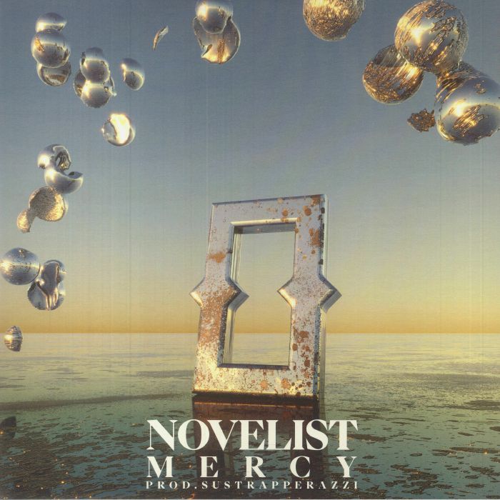 Rustic metallic door-shaped sculpture on calm reflective water with floating textured spheres at sunset