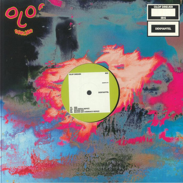 Colorful abstract album cover with pink, blue, black, and orange swirls, featuring Olof Dreijer Iris Dekmantel record
