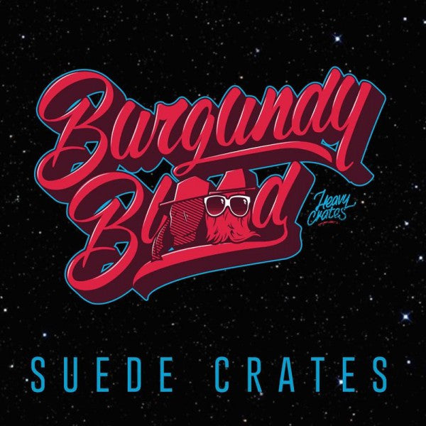 Burgundy Blood logo with stylized red text and character wearing sunglasses on starry black background, Suede Crates branding