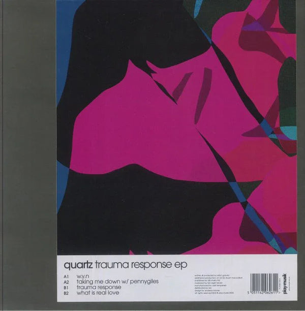 Quartz Trauma Response EP cover with abstract pink, black, and blue shapes, tracklist visible.