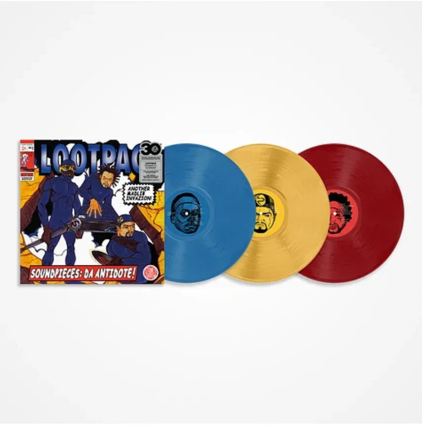 Lootpack Soundpieces Da Antidote 3LP set with comic-style cover, blue, yellow, and red vinyl records