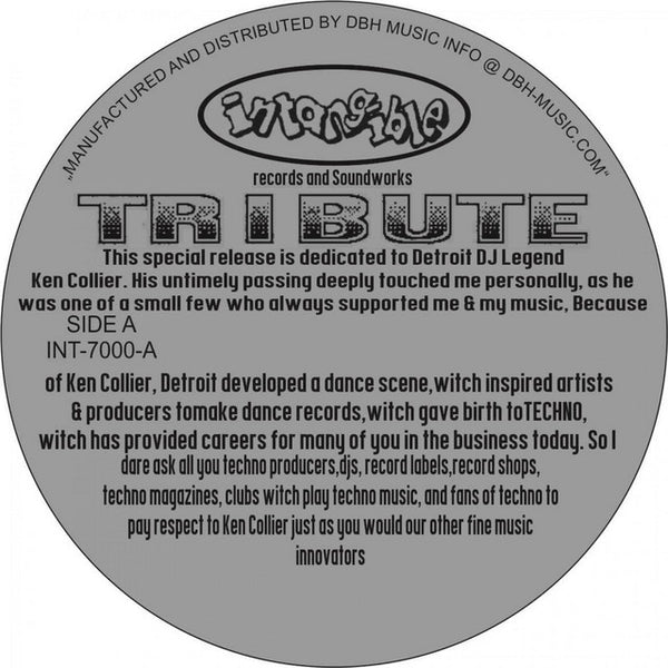 Round label with text dedicated to Detroit DJ Legend Ken Collier, featuring the brand 'Intangible Records and Soundworks'.