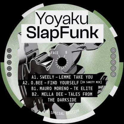 Yoyaku SlapFunk vinyl record label with tracklist and abstract design, electronic music release
