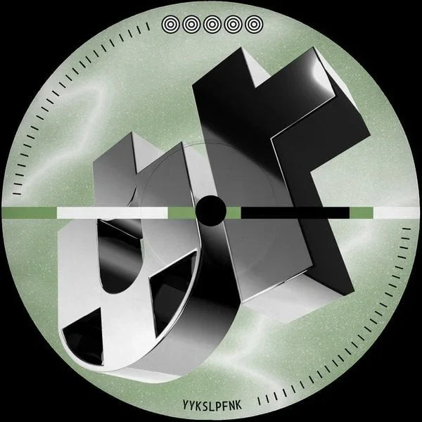 Abstract 3D geometric shapes on a green vinyl record cover with modern design elements.