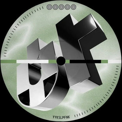 Abstract 3D geometric shapes on a green vinyl record cover with modern design elements.