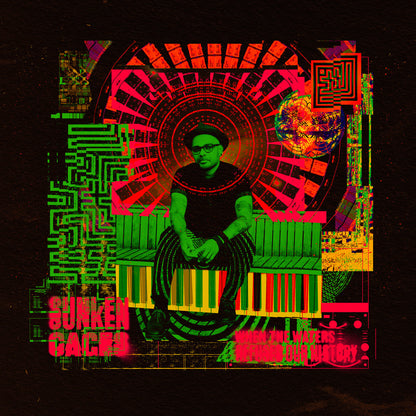 Psychedelic album cover with man in hat sitting on green piano keys, red and green abstract patterns