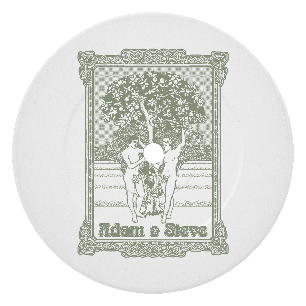 White ceramic plate with green illustration of two naked men Adam and Steve by an apple tree