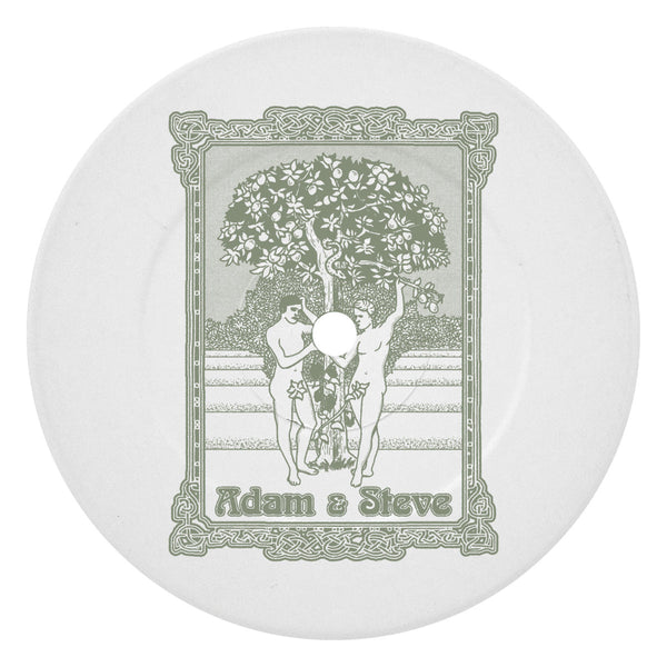 White ceramic plate with green illustration of two naked men Adam and Steve by an apple tree