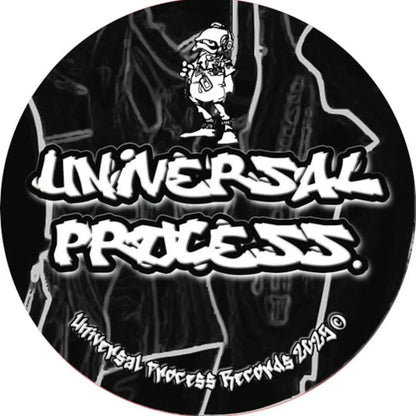 Black and white Universal Process Records logo with graffiti text and a cartoon character.