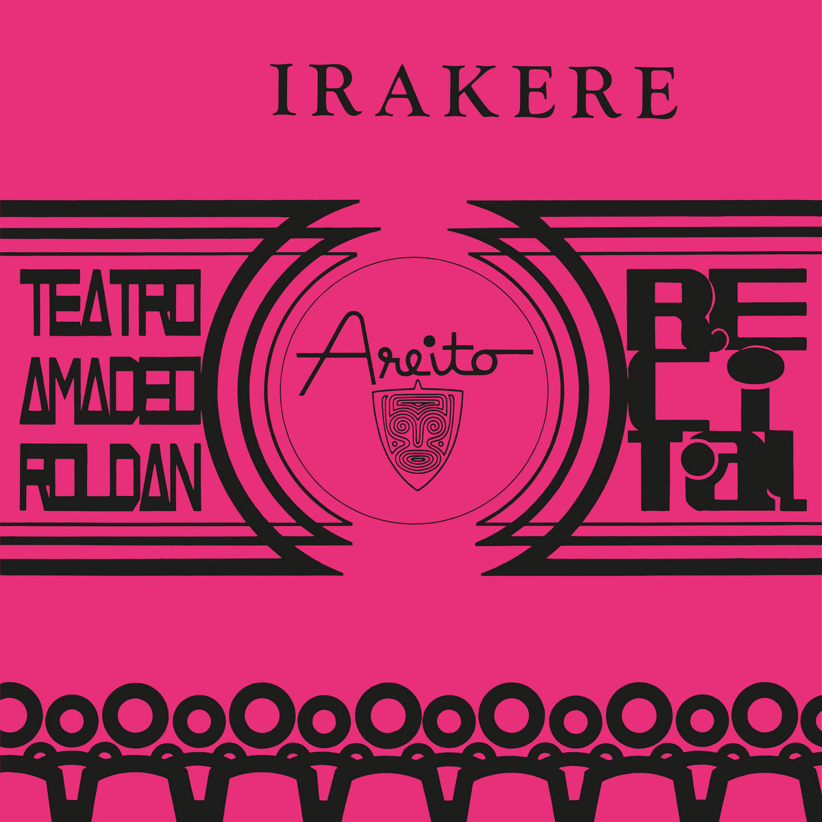 Irakere Areito album cover with pink background, black geometric shapes, and stylized text