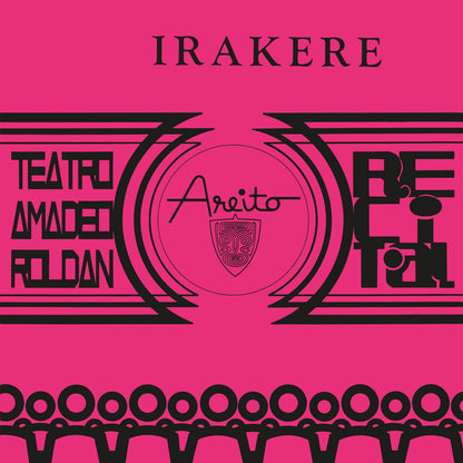 Irakere Areito album cover with pink background, black geometric shapes, and stylized text