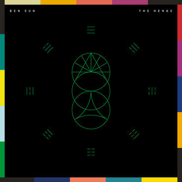 Abstract geometric design with green lines forming interconnected circles and triangles on black background, framed by colorful border