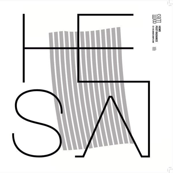 Minimalist album cover with black minimalist text and gray vertical stripes on white background