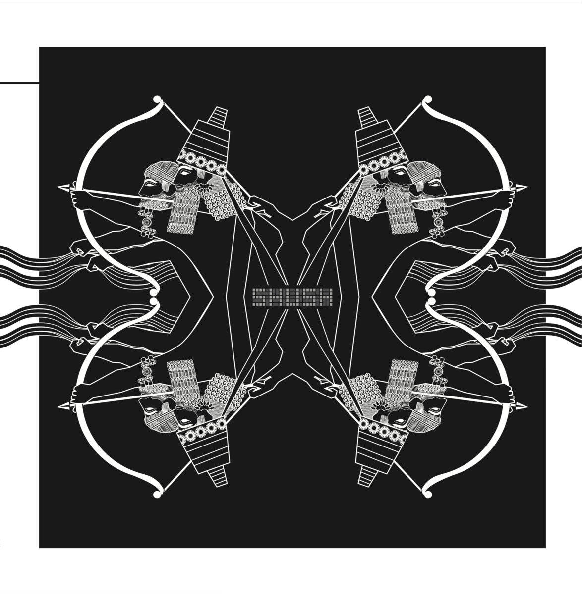 Symmetrical black and white illustration of Assyrian archers drawing bows with detailed headdresses and beards