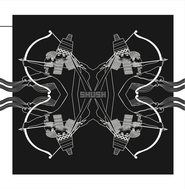 Symmetrical black and white illustration of Assyrian archers drawing bows with detailed headdresses and beards