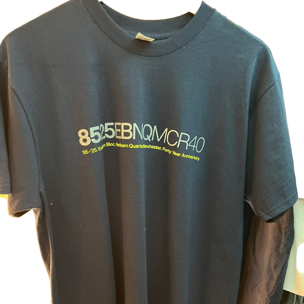 Navy blue T-shirt with white and yellow text design referencing East Bloc Northern Quarter Manchester 40th anniversary
