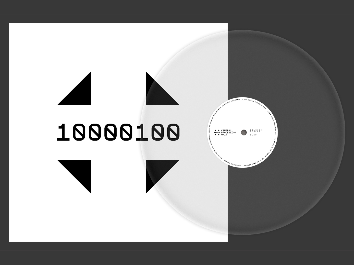 Vinyl record with a white label featuring black geometric shapes and binary code.